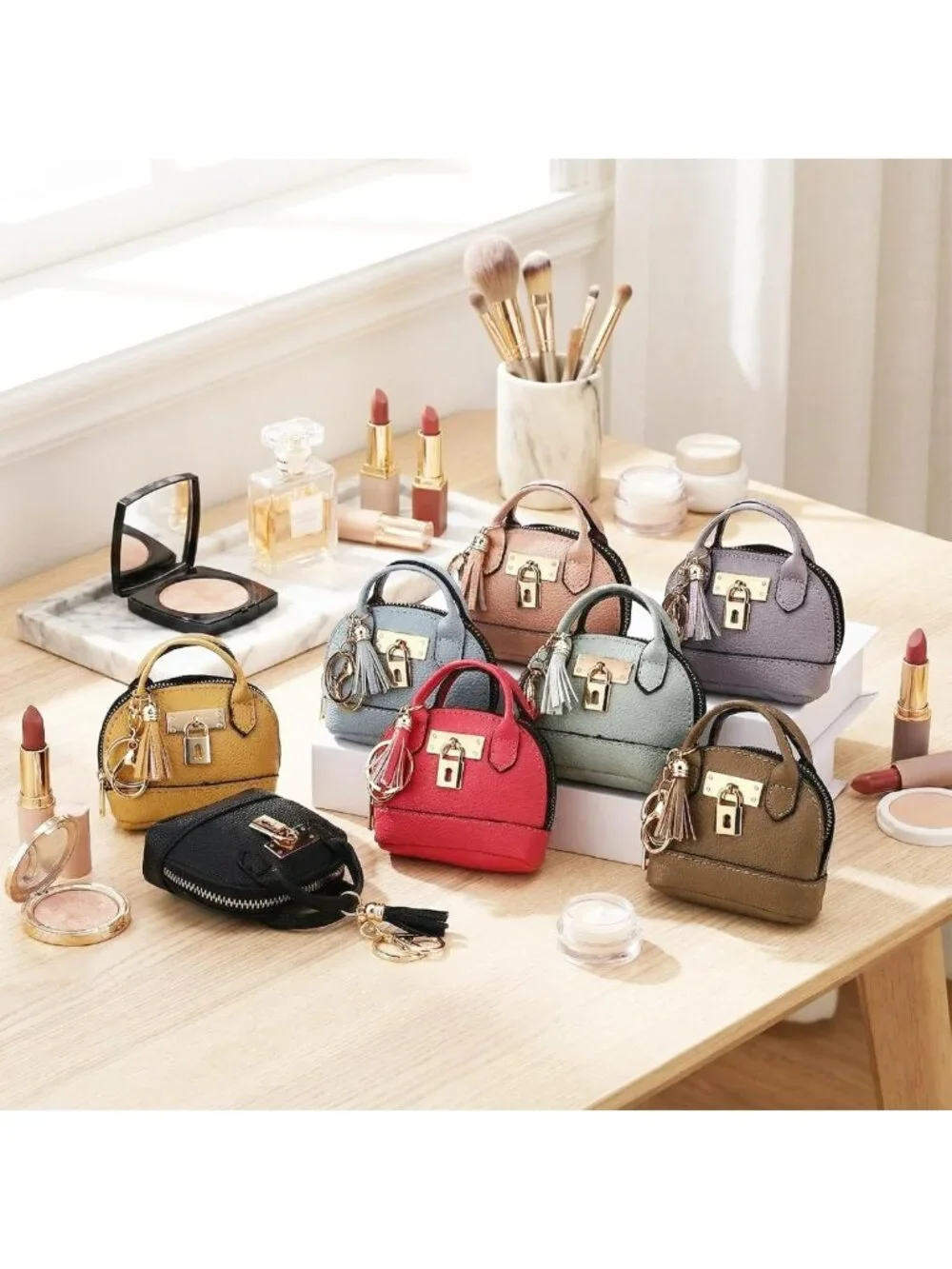 Cute Mini Coin Purse Keychain Set - 8 Pcs PU Leather Makeup Bags & Card Holders
